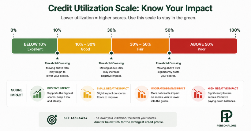 Four-band credit utilization chart showing score impact zones — above 50% severe, 30 to 50 percent moderate, 10 to 30 percent acceptable, below 10 percent optimal — with threshold crossing points marked