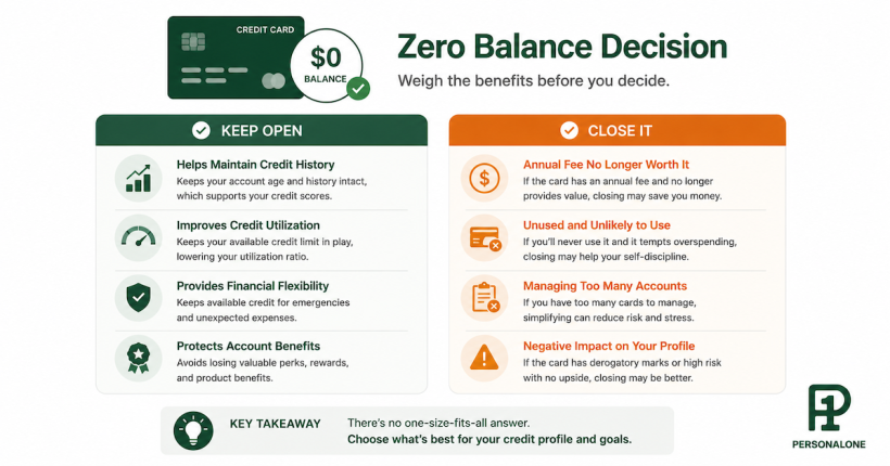 Decision framework illustration showing four conditions for keeping a paid-off credit card open versus four conditions where closing makes financial sense despite the credit score impact