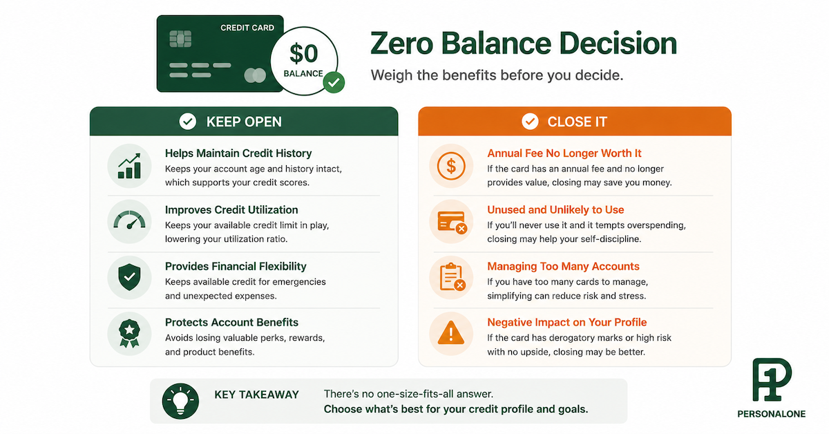 Decision framework illustration showing four conditions for keeping a paid-off credit card open versus four conditions where closing makes financial sense despite the credit score impact