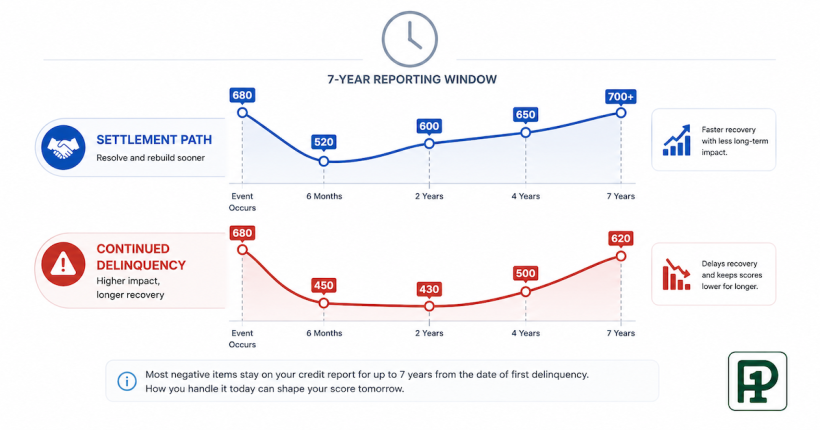 Side by side credit score timeline comparing debt settlement path versus continued delinquency showing damage and recovery trajectory over 36 months