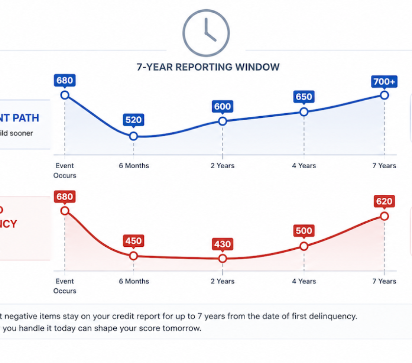 Side by side credit score timeline comparing debt settlement path versus continued delinquency showing damage and recovery trajectory over 36 months