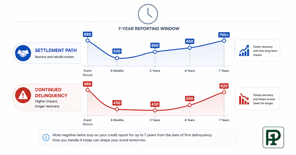 Side by side credit score timeline comparing debt settlement path versus continued delinquency showing damage and recovery trajectory over 36 months