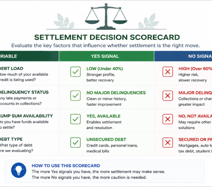 Four variable decision scorecard showing when debt settlement makes sense based on debt load delinquency status lump sum availability and debt type