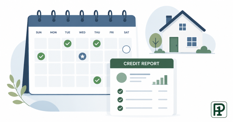 Month-by-month calendar timeline showing when to dispute credit report errors before a mortgage application
