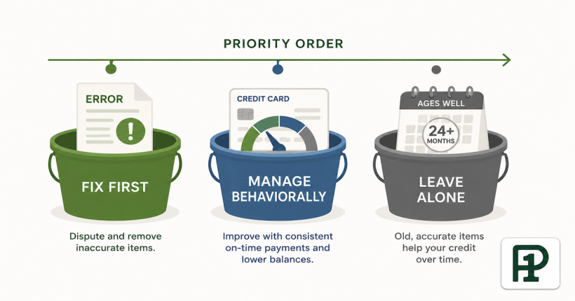Three bucket credit report priority matrix showing what to dispute first what to manage behaviorally and what to leave alone for fastest score improvement