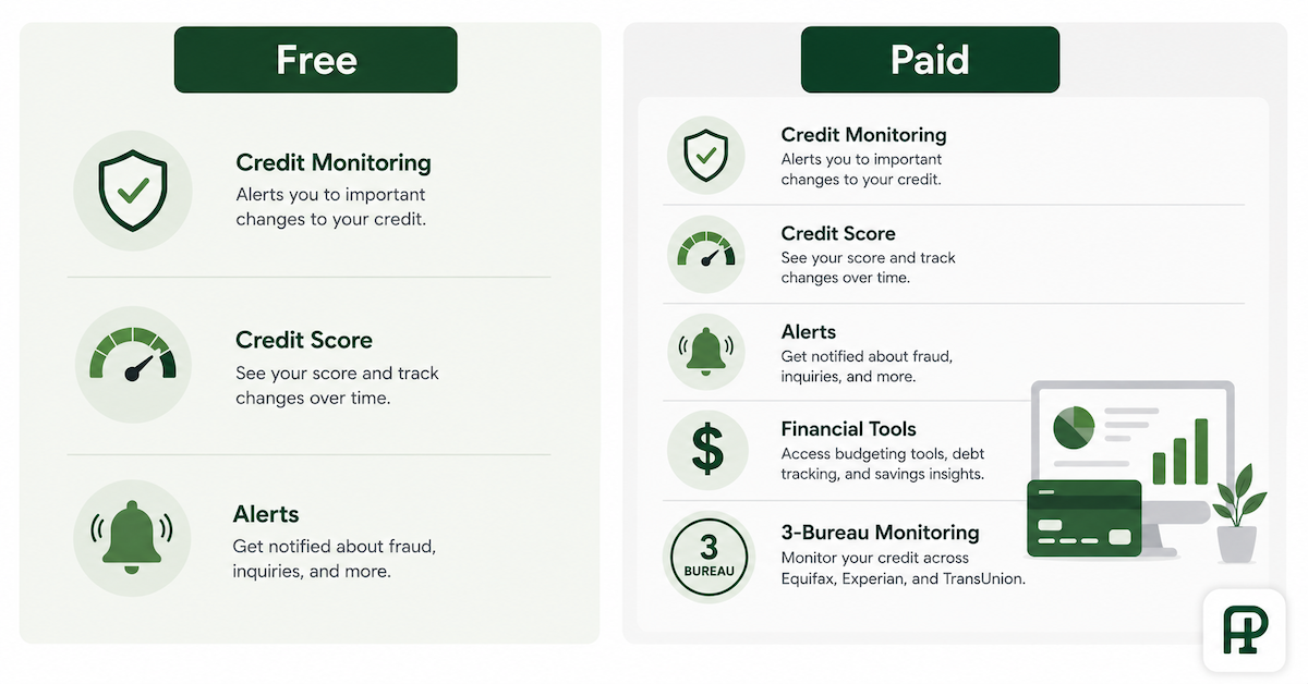 Side-by-side comparison illustration showing free credit monitoring features versus paid credit monitoring features including tri-bureau coverage and identity theft insurance