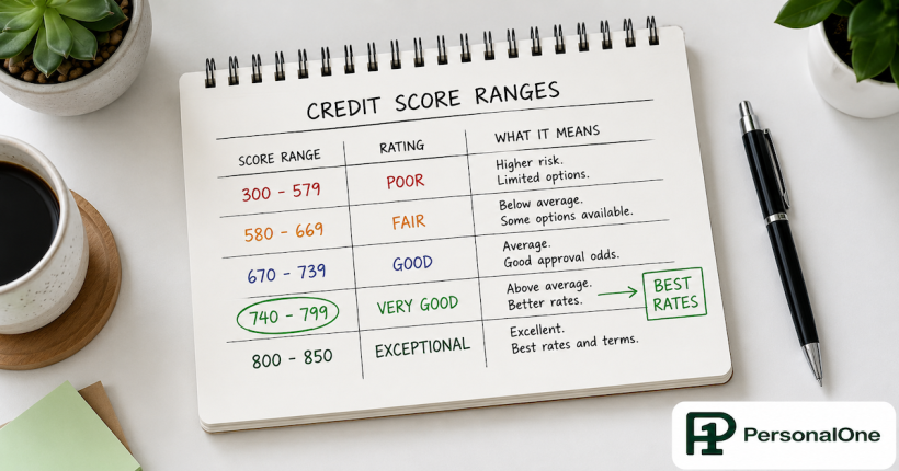 A hand-drawn credit score range chart on a notepad with five tiers and 740 circled in green labeled best rates beside a pen — PersonalOne