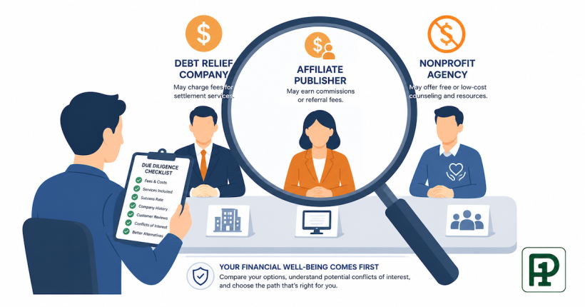 Consumer vetting checklist for evaluating debt relief companies showing conflict of interest flags accreditation questions and program completion rate benchmarks