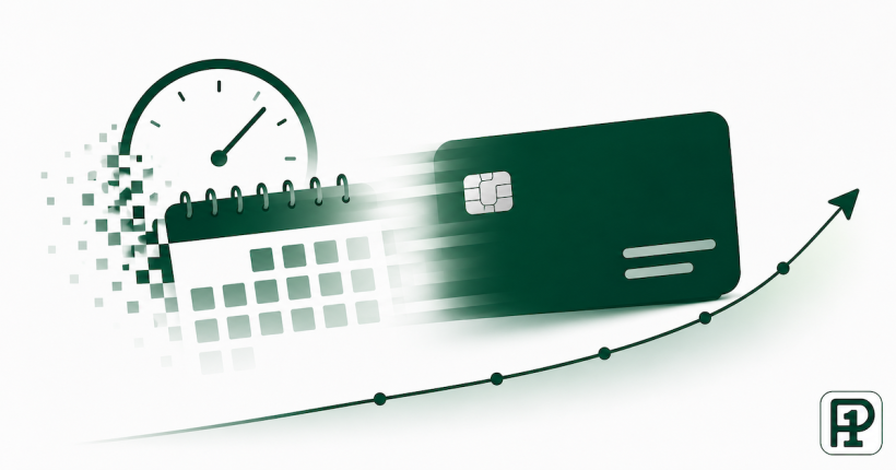 Illustration of a calendar and credit card with a fading upward line, representing how the impact of a late payment on a credit score diminishes gradually over time