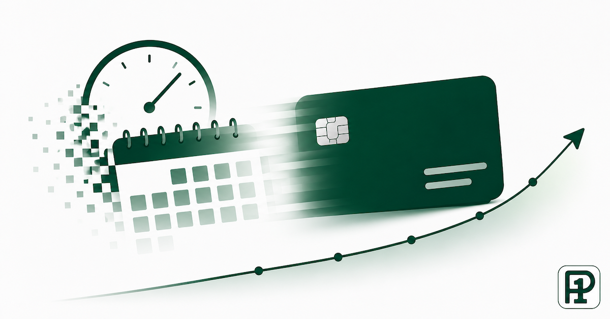 Illustration of a calendar and credit card with a fading upward line, representing how the impact of a late payment on a credit score diminishes gradually over time