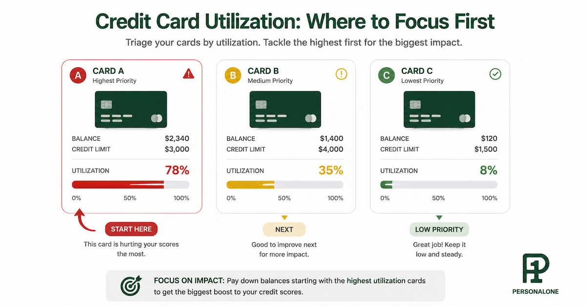 Illustration showing a multi-card credit utilization dashboard with per-card utilization percentages and a triage sequence highlighting which card to pay first based on highest utilization ratio