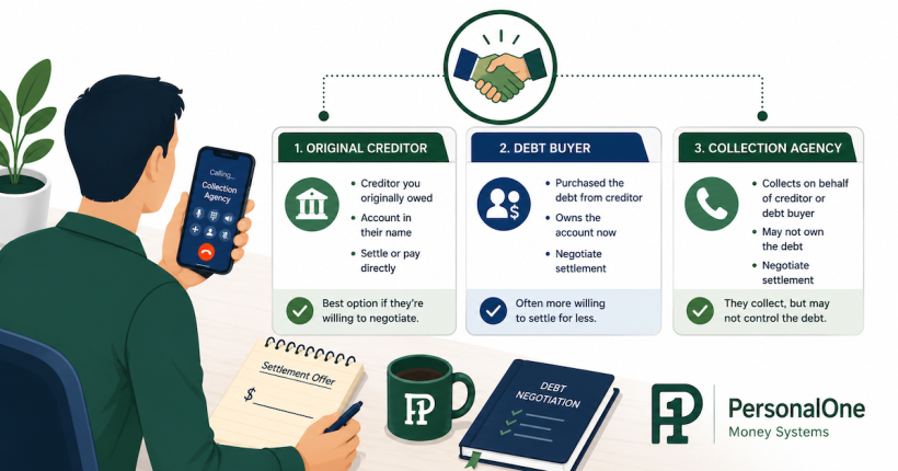 DIY debt settlement negotiation guide showing creditor type map hardship letter offer sequencing and written agreement checklist for negotiating without a company