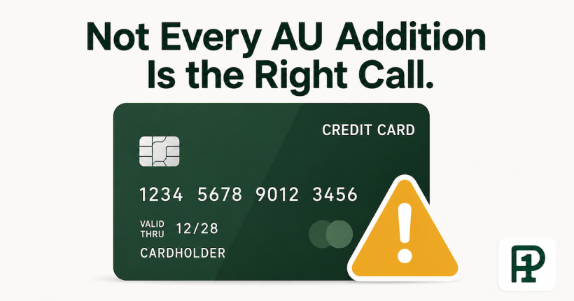 A clean, minimal flat-design illustration showing a single dark green credit card with a bold amber warning triangle overlaid on the lower right corner