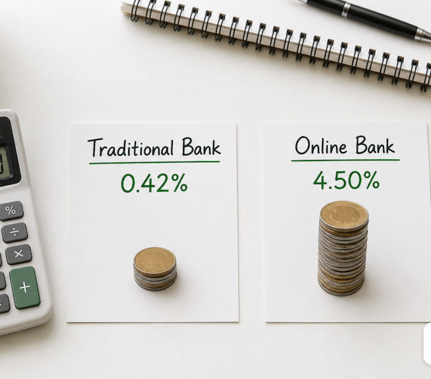 Two labeled cards on a white desk comparing traditional bank 0.42% APY with a small coin stack versus online bank 4.50% APY with a taller coin stack beside a calculator — PersonalOne