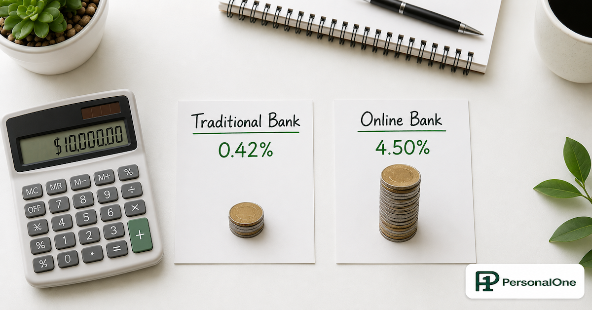 Two labeled cards on a white desk comparing traditional bank 0.42% APY with a small coin stack versus online bank 4.50% APY with a taller coin stack beside a calculator — PersonalOne
