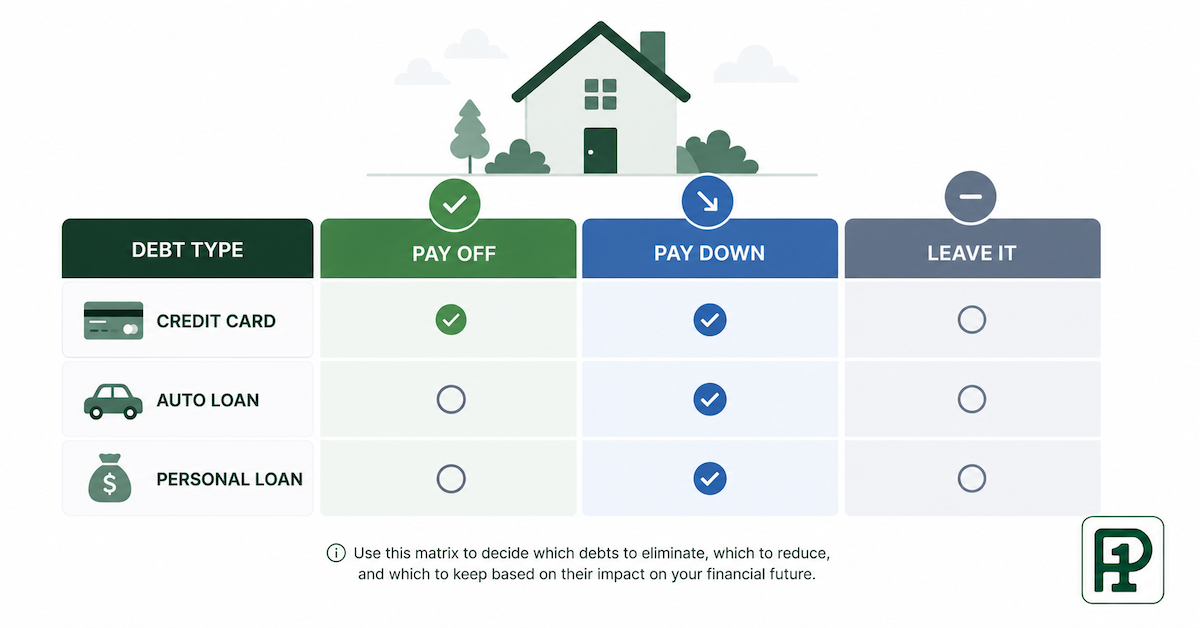Decision matrix showing whether to pay off reduce or leave debt before applying for a mortgage based on DTI utilization and cash reserves
