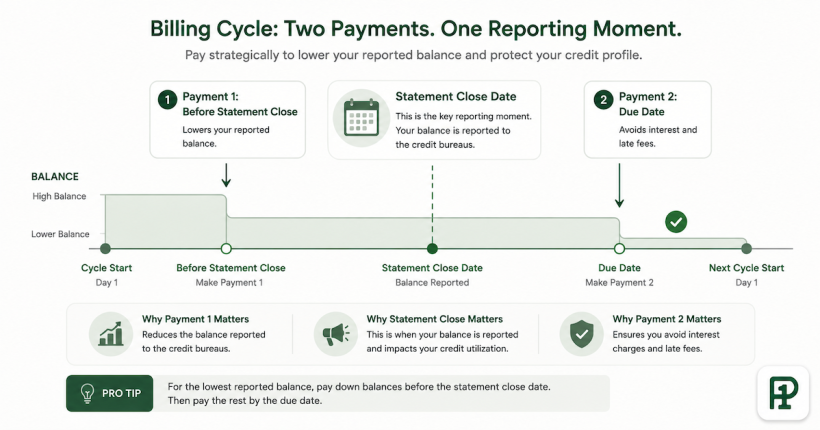 Billing cycle timeline illustration showing two strategic payment points — one before statement close to control reported utilization and one by the due date to protect payment history