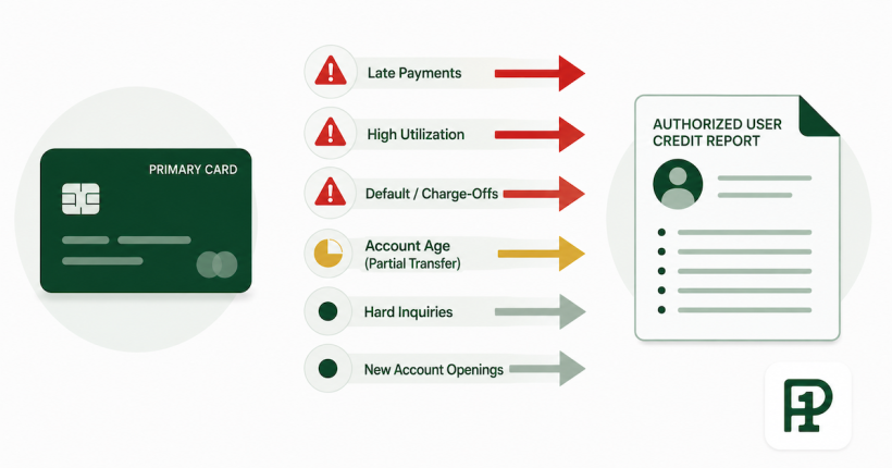 Risk taxonomy diagram showing six negative account characteristics that can transfer from a primary cardholder to an authorized user's credit report — high utilization, late payments, pre-existing derogatory history, collections, near-maximum balance, and closed accounts — with bureau-specific transfer rules for each