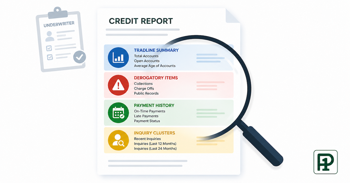Underwriter reviewing credit report sections including tradelines derogatory items payment history and inquiry clusters before mortgage approval