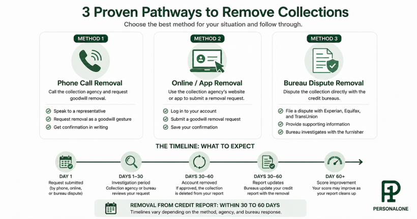 Step-by-step removal process diagram showing three authorized user removal methods — phone, online portal, and bureau dispute — with a timeline showing when the account disappears from the credit report