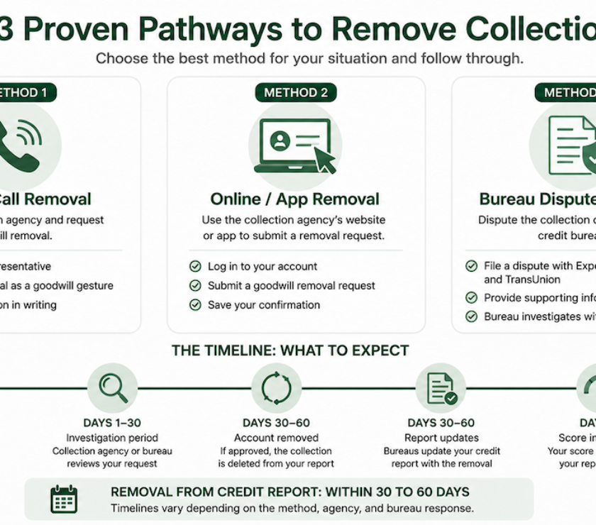 Step-by-step removal process diagram showing three authorized user removal methods — phone, online portal, and bureau dispute — with a timeline showing when the account disappears from the credit report