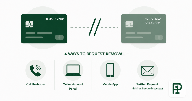 Step-by-step authorized user removal guide showing four removal methods — phone, online portal, mobile app, and certified mail — with post-removal security steps including new card number request and pending charge review