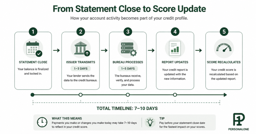 Five-stage credit reporting pipeline diagram showing the path from statement close through issuer transmission, bureau processing, report update, and score recalculation with timeline markers for each stage