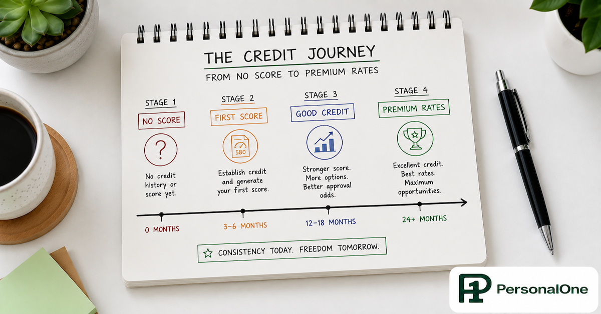 A hand-drawn credit building timeline on a notepad showing four stages from no score to premium rates with months marked at each point beside a pen — PersonalOne