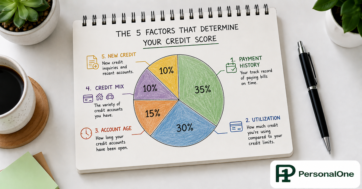 A hand-drawn pie chart on a notepad showing the five credit score factors with percentage weights beside a pen — PersonalOne