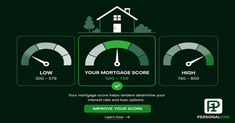 Three credit score gauges showing how mortgage lenders select the middle FICO score from Equifax Experian and TransUnion for loan approval