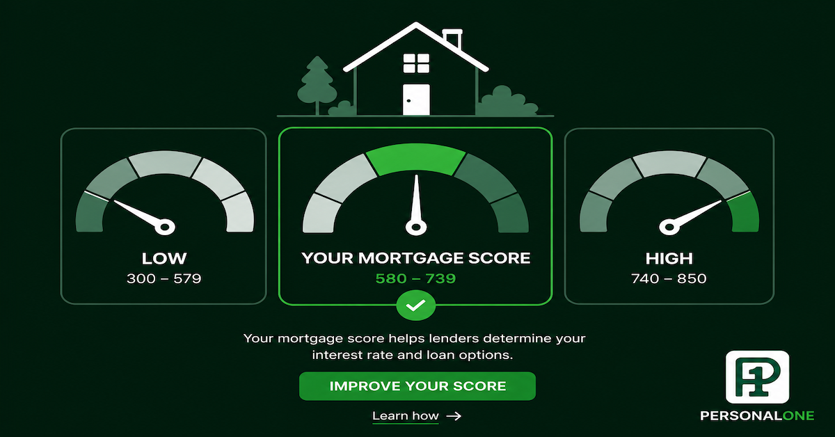Three credit score gauges showing how mortgage lenders select the middle FICO score from Equifax Experian and TransUnion for loan approval