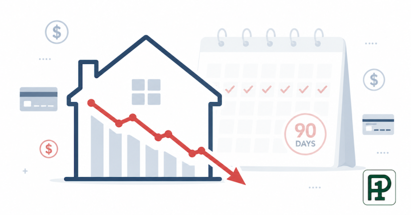 Chart showing credit score drop between mortgage pre-approval and closing with 90-day prevention timeline