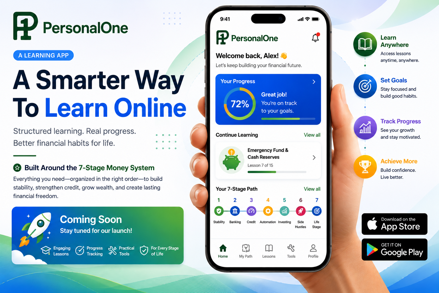 PersonalOne mobile app preview showing the 7-Stage Money System, learning progress tracking, financial lessons, and upcoming app launch.