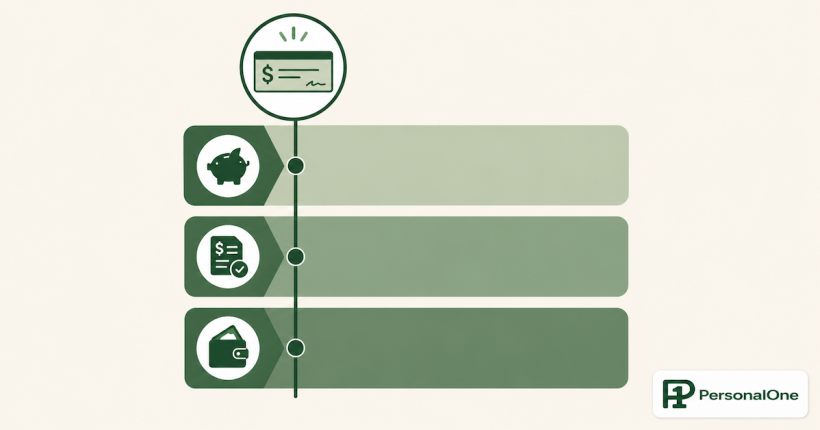 Three stacked bars representing savings, bills, and spending in sequence beneath a payday timeline, illustrating the correct automation order