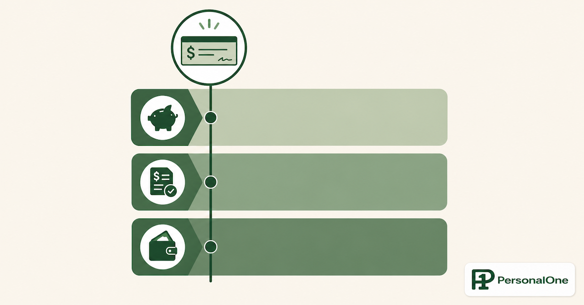 Three stacked bars representing savings, bills, and spending in sequence beneath a payday timeline, illustrating the correct automation order