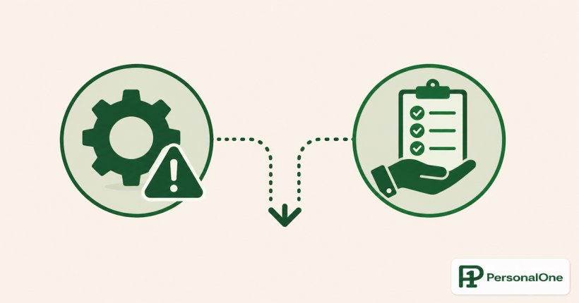 A gear icon with a warning symbol connected to a manual backup checklist icon, representing a financial automation failure and its backup plan