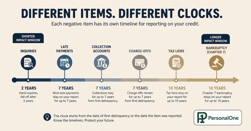 Timeline showing how long different negative credit items remain on a credit report