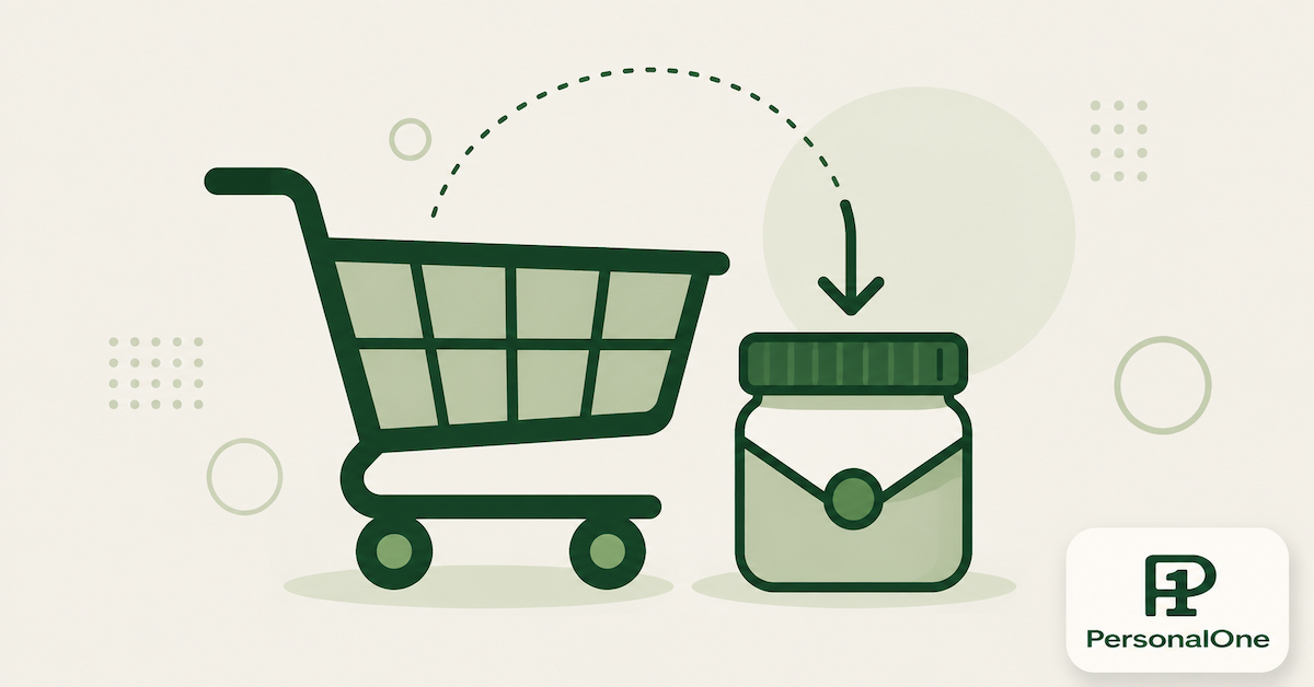 Shopping cart next to a capped spending container, representing a pre-committed grocery budget system.
