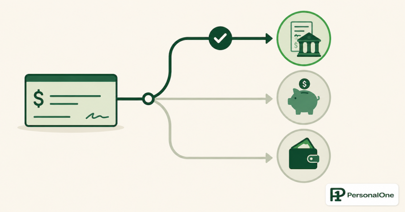 A paycheck icon splitting into three paths toward separate account icons, representing correctly sequenced income routing