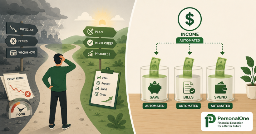 Illustration contrasting a stressed decision-point with an automatic structural system for avoiding debt