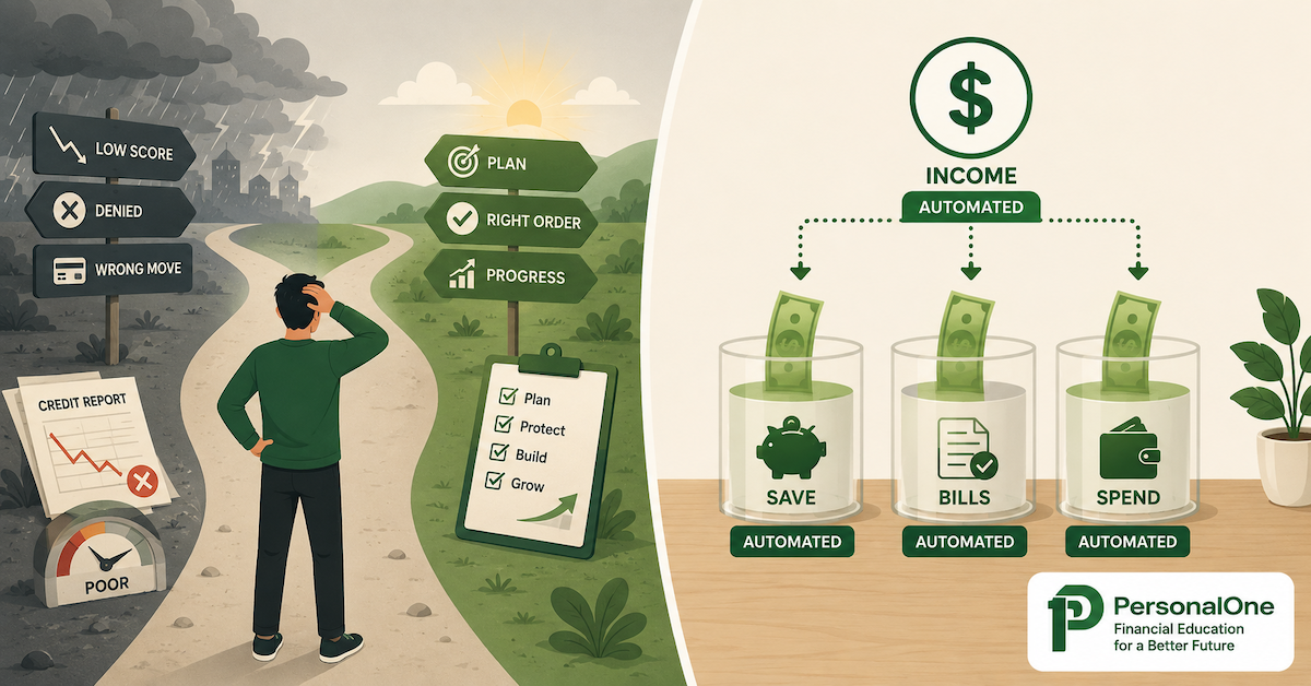 Illustration contrasting a stressed decision-point with an automatic structural system for avoiding debt