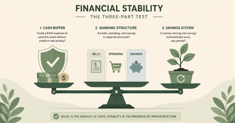 Illustration of a checklist verifying three pillars of financial stability — buffer, banking structure, savings system