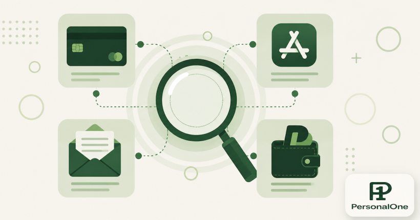 Four icons representing bank statements, app store, email, and digital wallet around a magnifying glass, representing a complete subscription audit