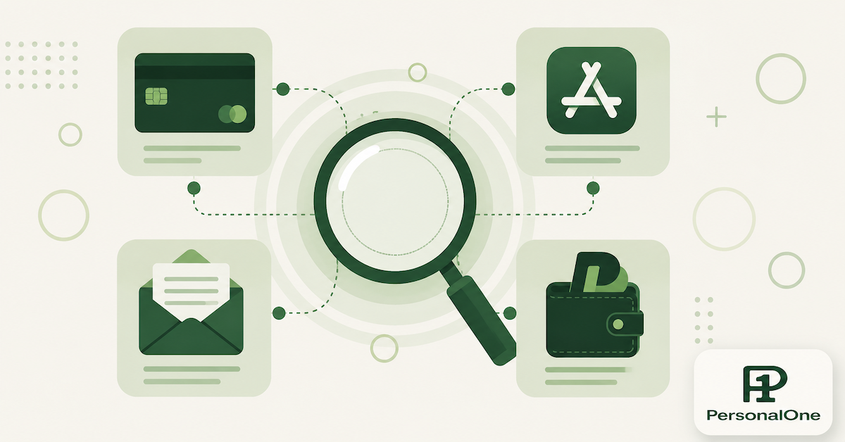 Four icons representing bank statements, app store, email, and digital wallet around a magnifying glass, representing a complete subscription audit