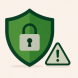 A shield icon with a padlock inside it, beside a small warning triangle icon, representing protection against crypto scams and security threats