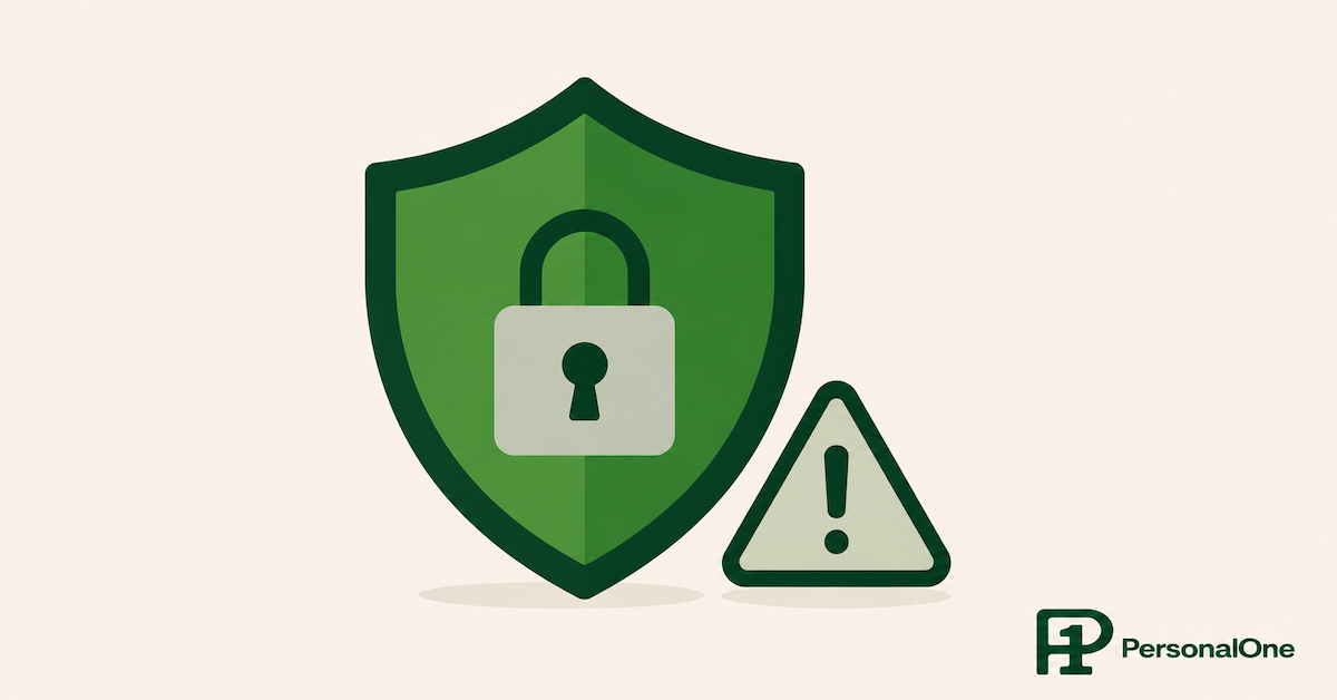 A shield icon with a padlock inside it, beside a small warning triangle icon, representing protection against crypto scams and security threats